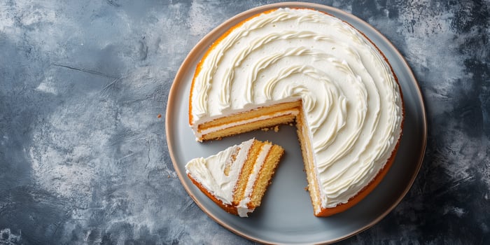 Cake with alternating layers of sponge and frosting, cut to show interior, photorealistic food photo