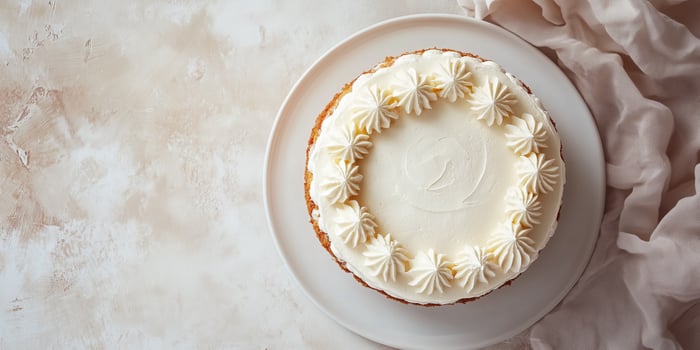 Cake with piped borders, placed on a round plate, gastronomy photography photo