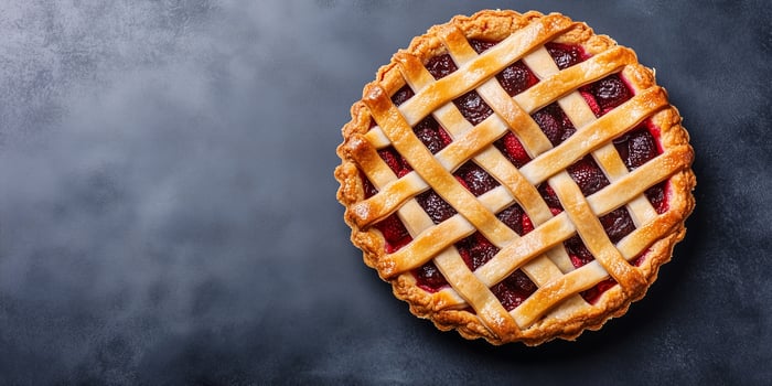 Circular dessert with a lattice top, containing a fruit filling, placed on a flat surface, photorealistic food photo