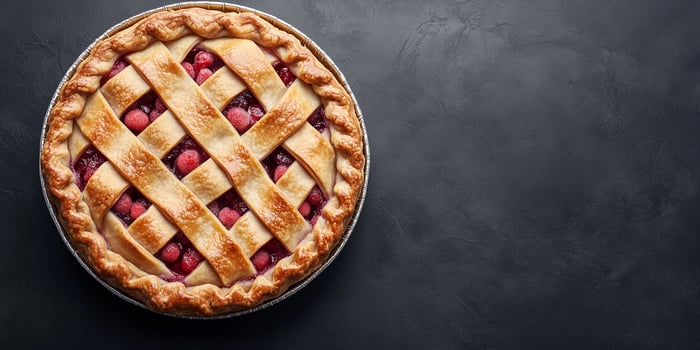 Pie featuring a woven top, filled with a mixture of fruit and baked to completion, gastronomy photography photo