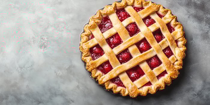 Circular dessert with a lattice top, containing a fruit filling, placed on a flat surface, meal photography photo