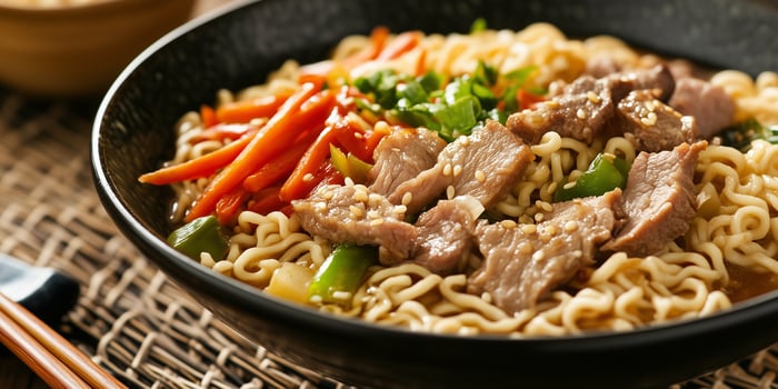 Close-up of ramen noodles, meat, and vegetables in a bowl with chopsticks nearby, food setting photo