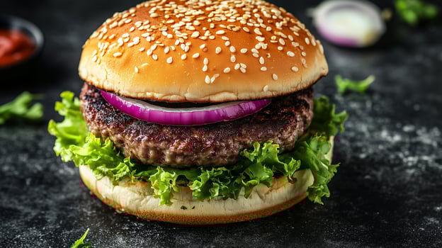 Grilled beef burger with lettuce and onions on a sesame seed bun, meal photography photo