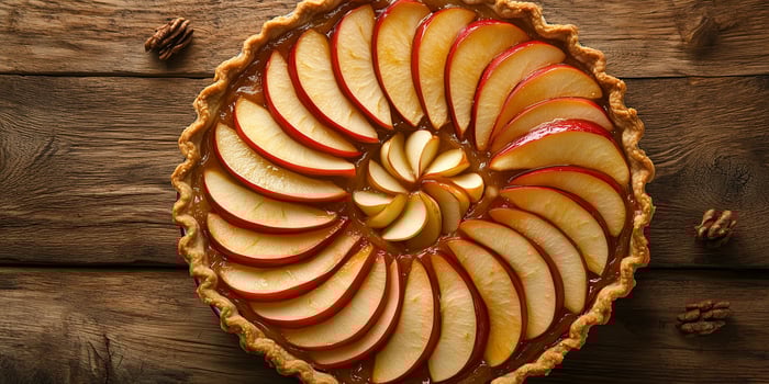 Pie featuring an open top, showing apple slices arranged in a circular pattern, food setting photo