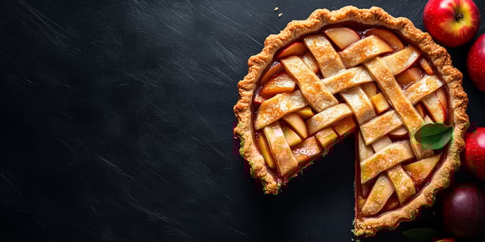 Slice of pie revealing layers of baked apples within a firm, flaky crust, food setting photo