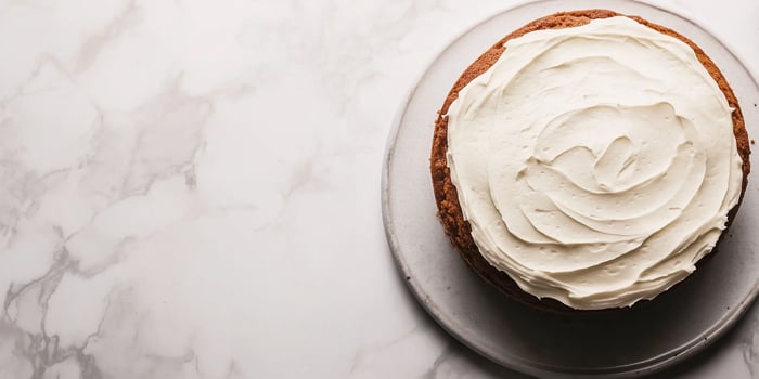 Whole carrot cake with smooth frosting on a flat dessert dish, food setting photo