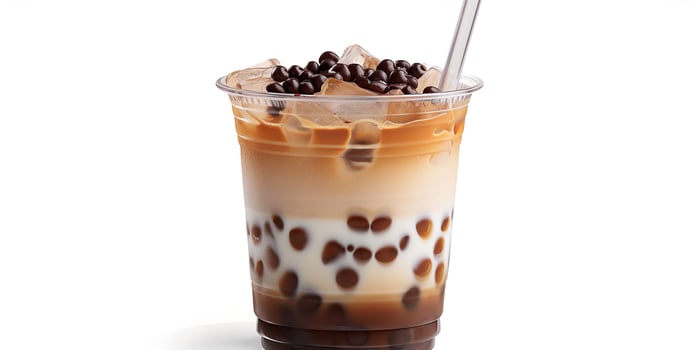 Clear cup showcasing layers of milk tea, ice, and tapioca pearls, with a wide straw, food photography photo