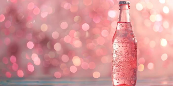 Clear narrow glass bottle with vibrant pink soda, culinary photography photo