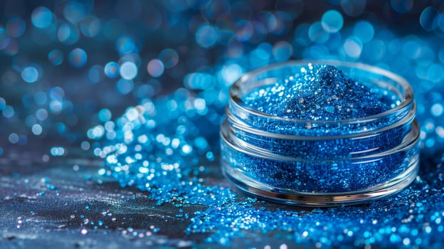 Close-up of glass container with blue edible glitter on smooth surface, food photography photo