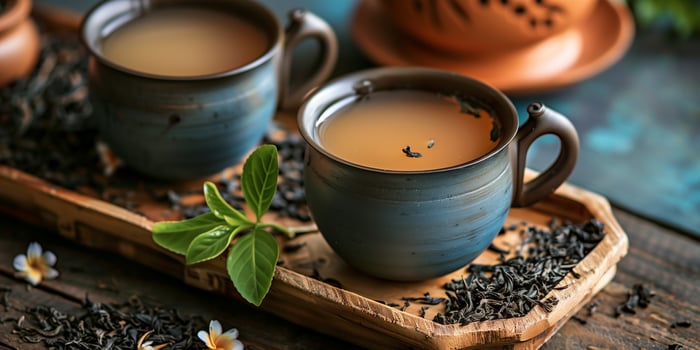 Cup of chai on a wooden tray with a small pile of tea leaves, food photography photo