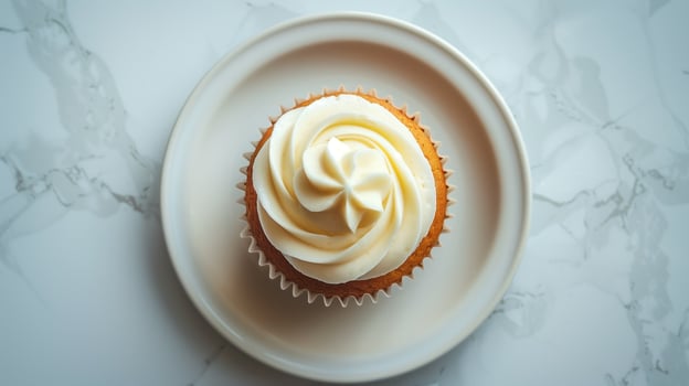 Cupcake with a single swirl of frosting, placed in the middle of a white plate, food photography photo