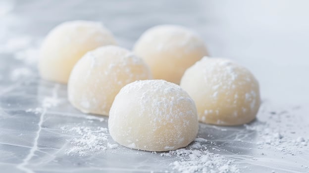 Round mochi pieces lightly dusted, neatly positioned on a plain surface, culinary photography photo