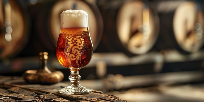 Frothy ale in a glass, placed beside a bottle with a detailed label, food photography photo