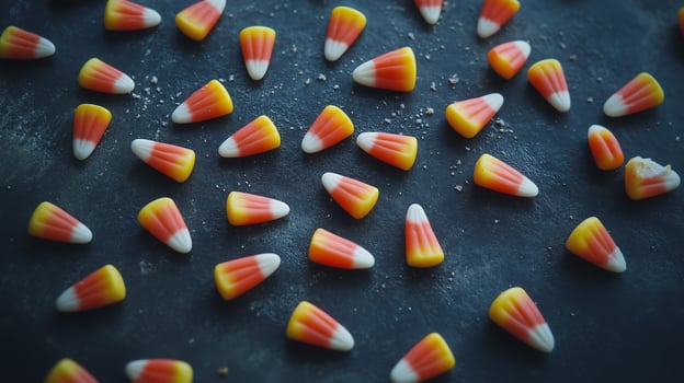 Handful of candy corn scattered across a dark surface, emphasizing bright tricolored candies, culinary photography photo