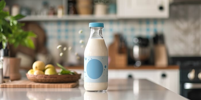 Plastic bottle of probiotic yogurt drink with a health benefits label, resting on a kitchen counter, food photography photo