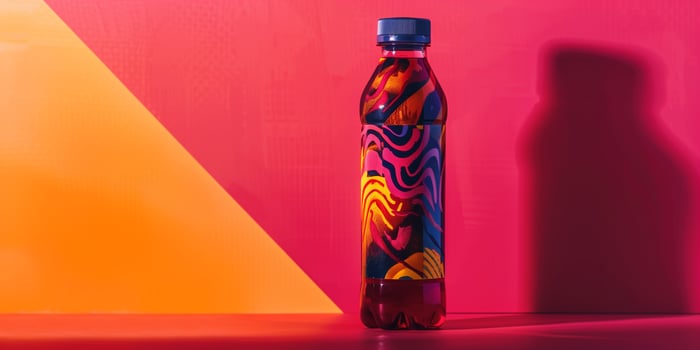 Plastic bottle with a vibrant label, filled with a dark red liquid, culinary photography photo