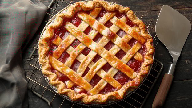 Round pie with a lattice crust on a cooling rack with a pie server nearby, culinary photography photo