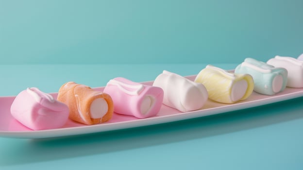 Marshmallows in assorted flavors lined up on a long, narrow dish, culinary photography photo