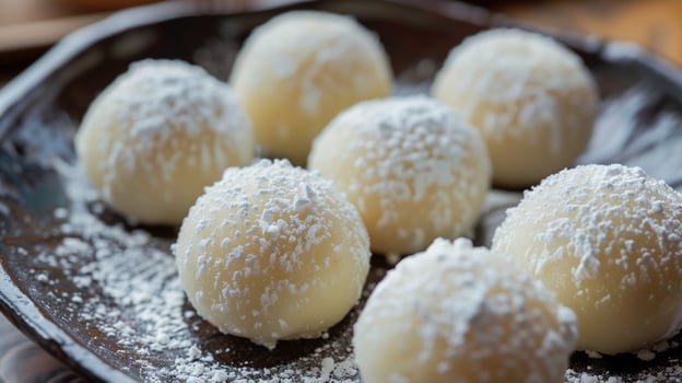 Small spherical mochi cakes coated with powdered sugar on a dish, culinary photography photo