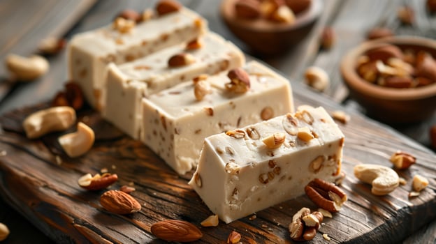 Serving of halva, sliced with a compact, smooth texture and nuts, food photography photo