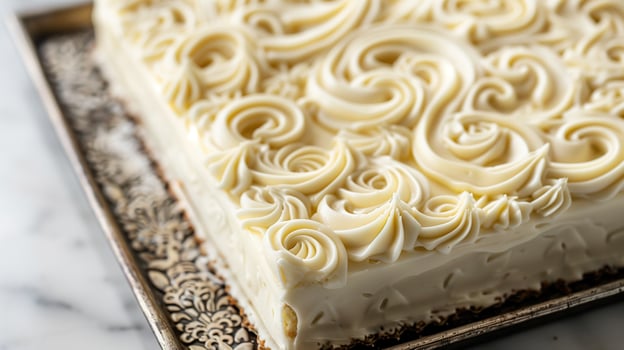 Sheet cake with an intricate design, uncut, on a plain serving tray, culinary photography photo