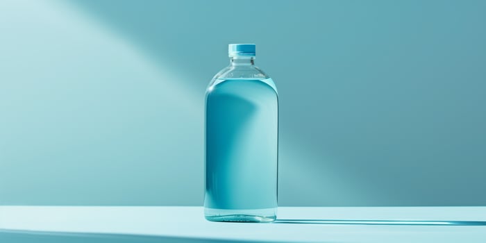 Single bottle of probiotic drink filled with light blue liquid, standing upright, culinary photography photo