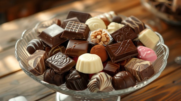 Assorted European chocolates and candies in a glass bowl on a wooden table, culinary photography photo