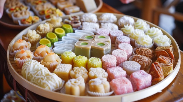 Assorted traditional Asian sweets on a large plain plate, food photography photo