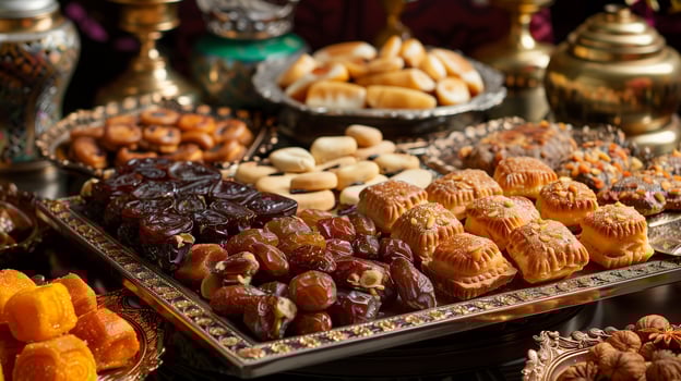 Assortment of traditional sweets on decorative tray, date-filled pastries, nut clusters, culinary photography photo