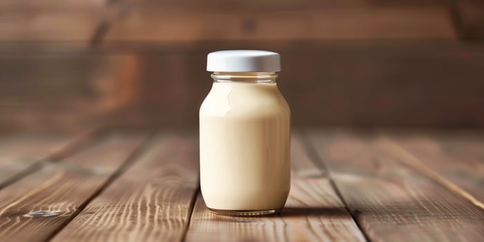 Bottled yogurt drink featuring a sealed lid and labeled container, set on a wooden table, food photography photo