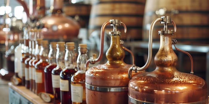Copper pot still in a craft distillery, with bottles of distilled spirits nearby, food photography photo