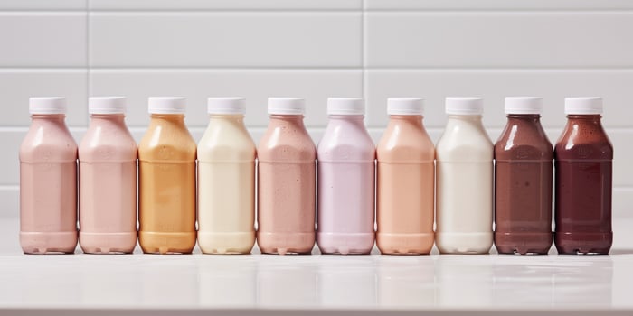 Ready-to-drink meal replacement shakes in uniform bottles lined up on clean surface, food photography photo