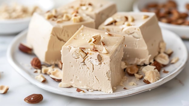 Sliced halva on a white plate with a smooth, dense texture and nut fragments, culinary photography photo