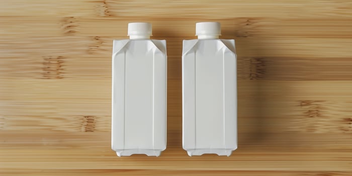 Two cartons of plant-based milk placed side by side on a plain wooden surface, food photography photo