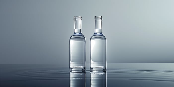 Two vodka bottles standing side by side on a reflective surface, culinary photography photo