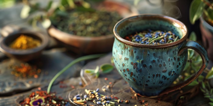Ceramic mug with adaptogenic blend and small dish of mixed herbs and spices, gastronomy photography photo