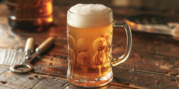 Clear glass mug of lager beer on a wooden table beside a bottle opener, photorealistic food photo