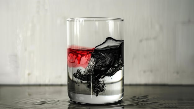 Clear glass partitioned with red liquid on the left and black liquid on the right, gastronomy photography photo
