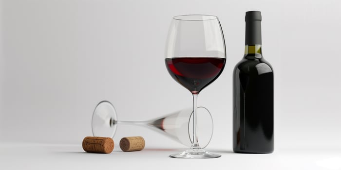 Clear wine glass holding red wine, placed beside an open bottle and a cork, photorealistic food photo