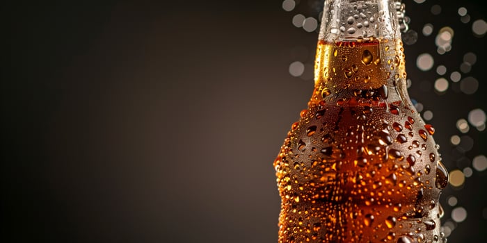 Glass bottle with clear carbonated beverage and condensation, gastronomy photography photo