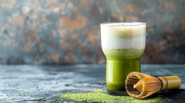 Glass of matcha latte with layers of green tea and milk next to a bamboo whisk, photorealistic food photo