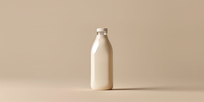 Plastic bottle of kefir with a sealed cap and label, displayed against a neutral backdrop, gastronomy photography photo