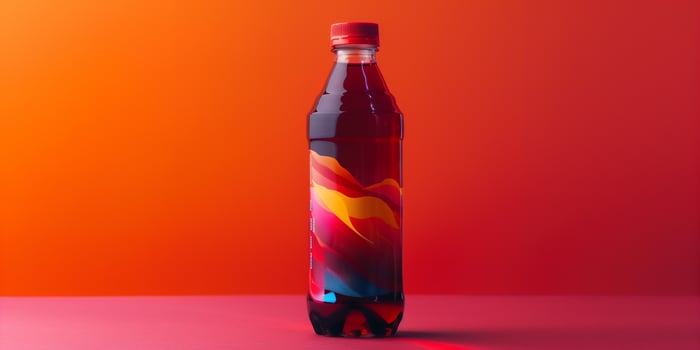 Plastic bottle with a vibrant label, filled with a dark red liquid, gastronomy photography photo