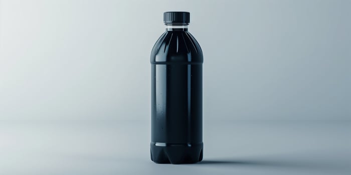 Probiotic drink bottle with screw cap, filled with dark liquid, on plain background, photorealistic food photo