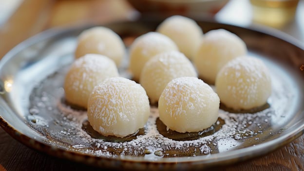 Small spherical mochi cakes coated with powdered sugar on a dish, gastronomy photography photo