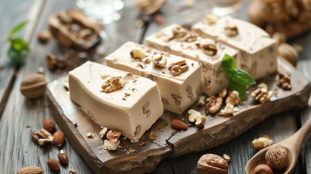 Serving of halva, sliced with a compact, smooth texture and nuts, photorealistic food photo