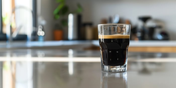 Tall glass of black coffee without sugar on a clean, white kitchen countertop, gastronomy photography photo