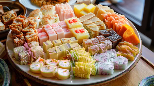 Assorted traditional Asian sweets on a large plain plate, photorealistic food photo