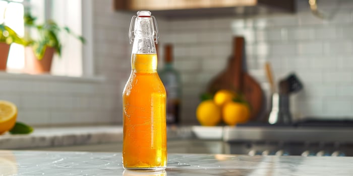 Citrus-flavored cider in a clear bottle, standing on a white countertop, with condensation visible on the surface, gastronomy photography photo