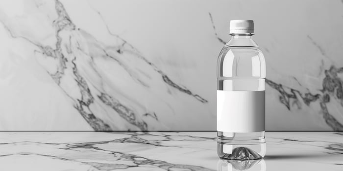 Electrolyte drink bottle with a clear label, placed on a marble counter, photorealistic food photo